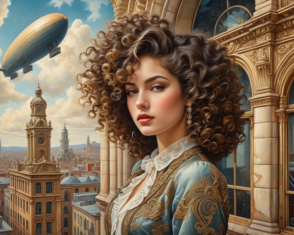 Young Woman in Vintage Dress on Grand Balcony