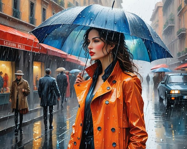 Stylish Woman in Orange Trench Coat with Blue Umbrella