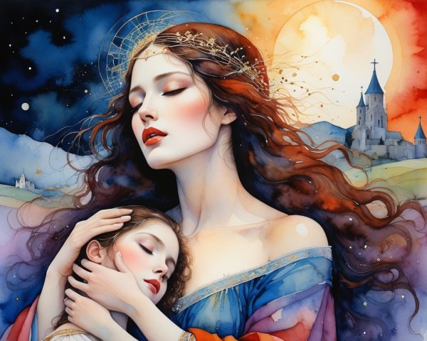 Ethereal Scene of Woman and Girl in Twilight Sky