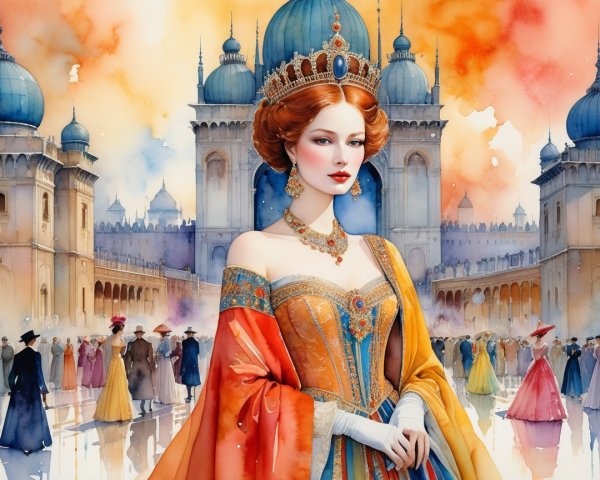 Regal Woman in Ornate Gown Against Majestic Backdrop