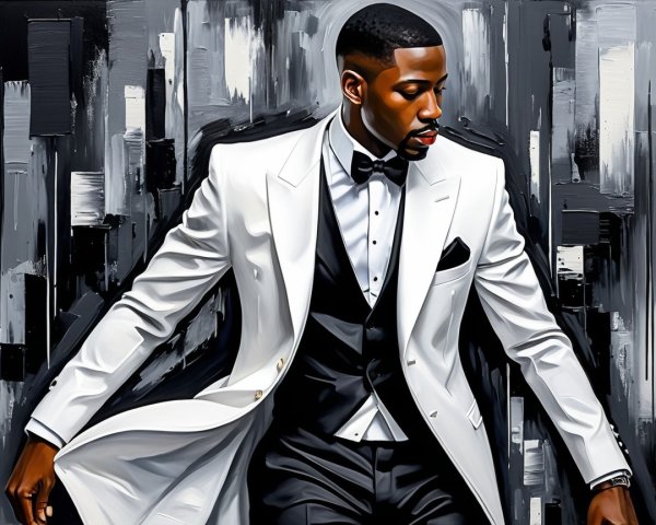 Elegant man in white tuxedo with abstract backdrop