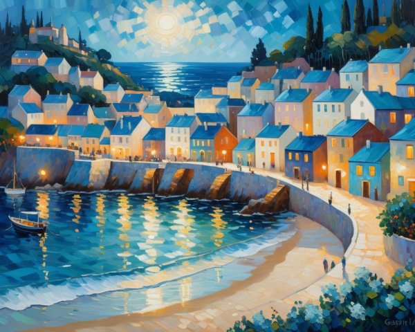 Moonlit Coastal Village with Colorful Houses