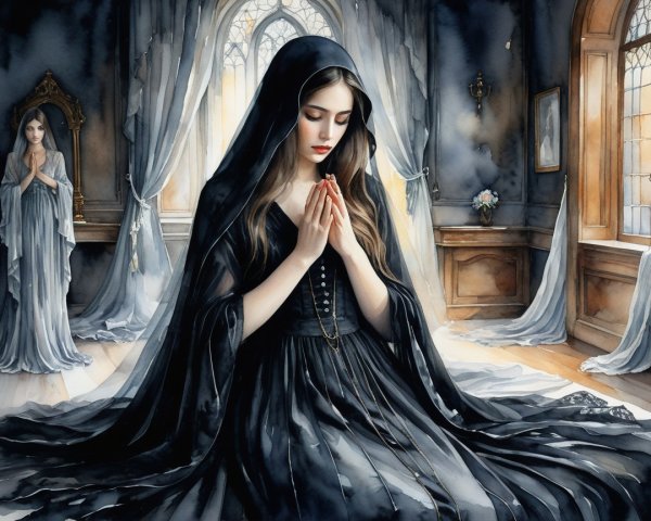 Young Woman in Black Dress Praying in Dim Room