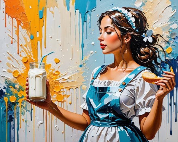 Young woman with milkshake and cookie in vibrant setting