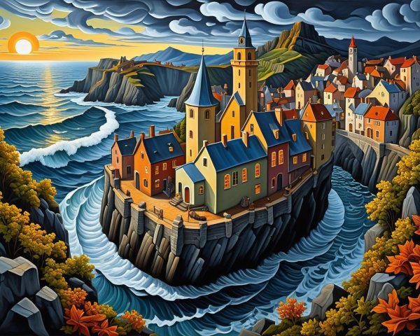 Vibrant Coastal Village on Rocky Cliffs at Sunset