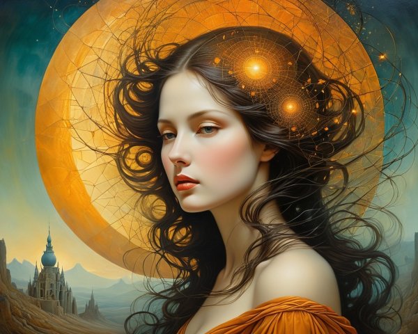 Mystical Woman in Surreal Landscape with Circular Motif