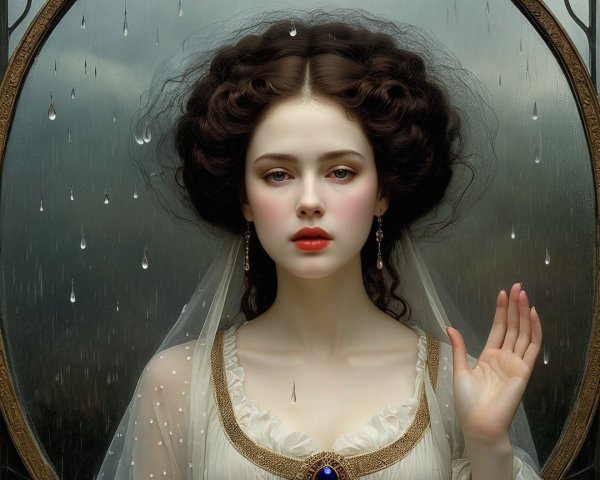 Young woman in elegant gown framed by ornate mirror
