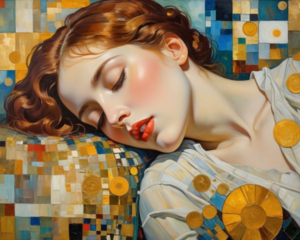 Serene Young Woman with Auburn Curls in Colorful Background