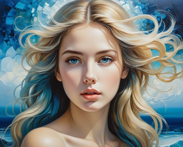 Portrait of a Young Woman with Blonde Hair and Blue Eyes