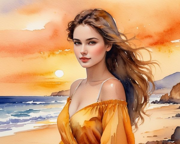 Young woman in yellow dress on beach at sunset