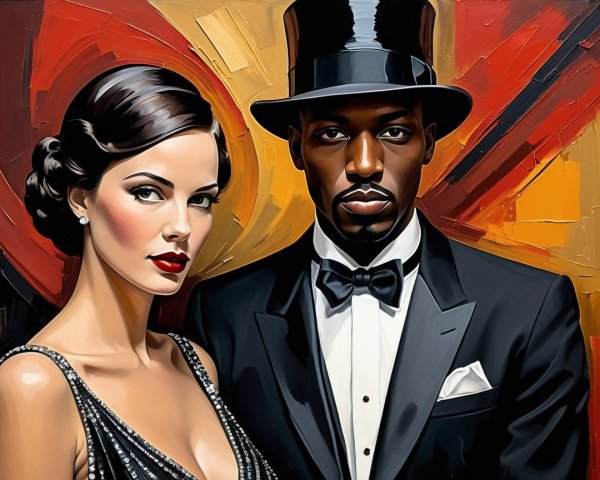 Glamorous Couple in Elegant Attire Against Abstract Backdrop