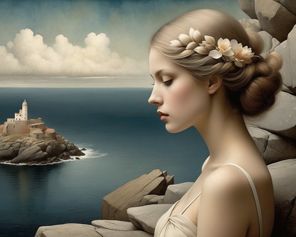Ethereal Painting of Woman by Lighthouse in Sea