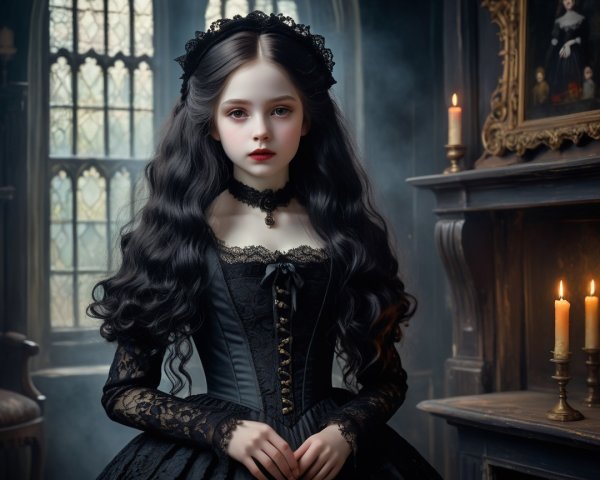 Gothic Room with Young Girl in Elegant Black Dress