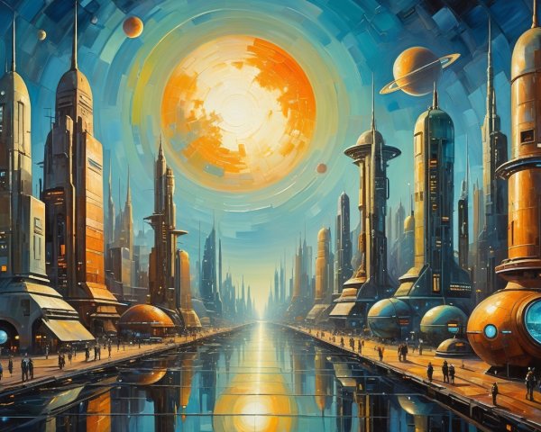 Futuristic cityscape with skyscrapers and waterways