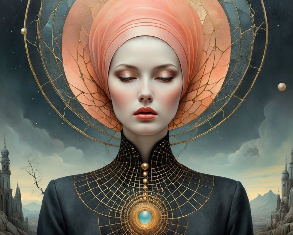 Serene Woman with Coral Headpiece in Mystical Landscape