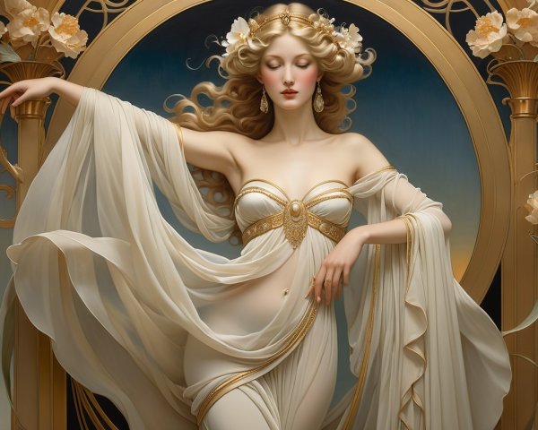 Ethereal Figure in White Fabric with Floral Accents