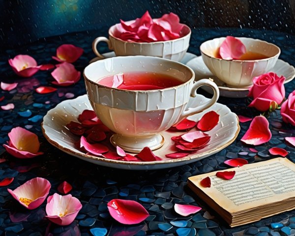 Elegant Tea Cups with Rose Petals and Open Book