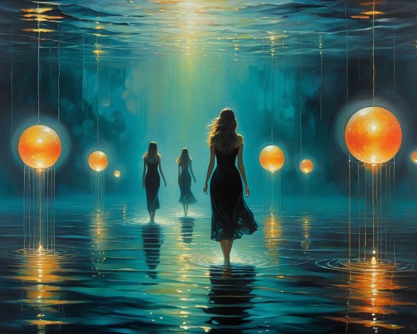 Three Figures in Black Dresses by Tranquil Water