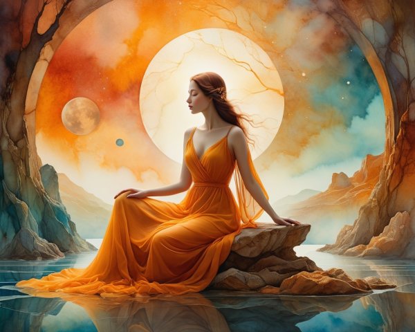 Serene Figure in Orange Gown by Cosmic Waterscape