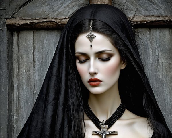 Elegant figure in black with a flowing veil and cross