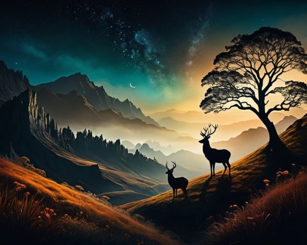 Serene Dusk Landscape with Mountains and Deer Silhouette