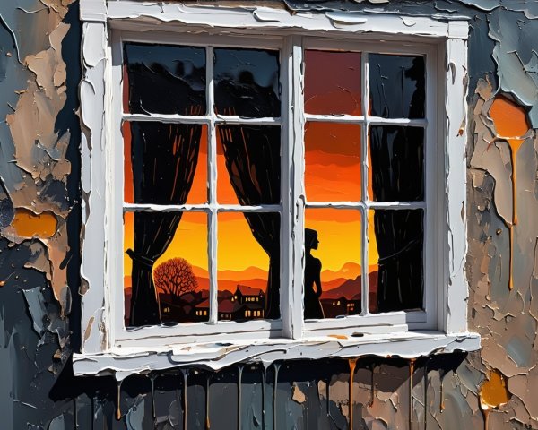 Weathered Window with Sunset and Silhouette Inside