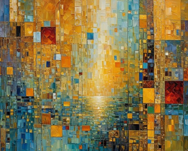 Vibrant Abstract Painting with Blue, Orange, and Gold