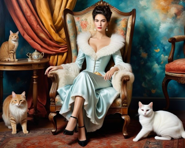 Elegant woman in light blue gown with three cats