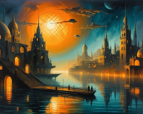 Fantastical cityscape at sunset with ornate architecture