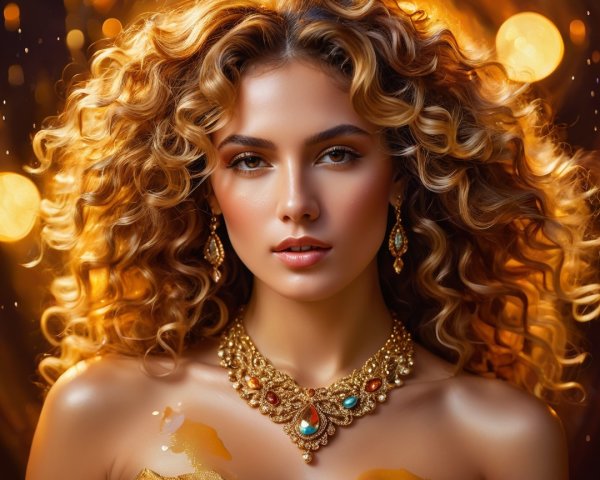 Portrait of a woman with curly hair and gold jewelry