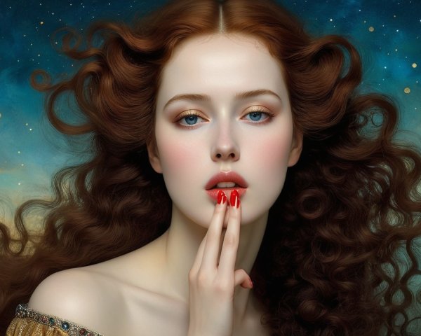Portrait of a Young Woman with Curly Hair and Blue Eyes