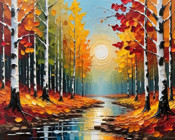 Vibrant Autumn Landscape with Birch Trees and River