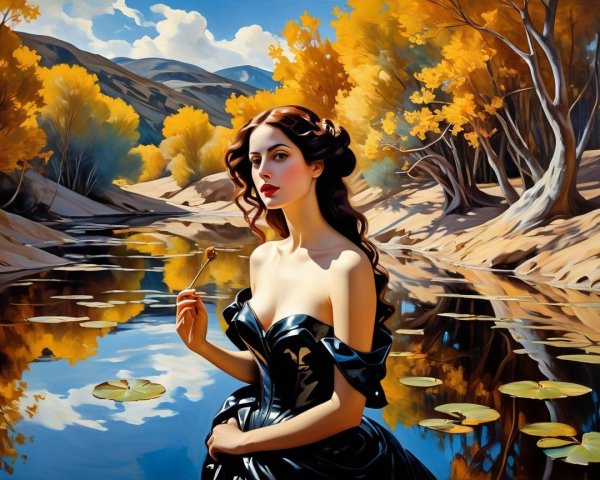 Woman in Black Gown by Autumn River Landscape