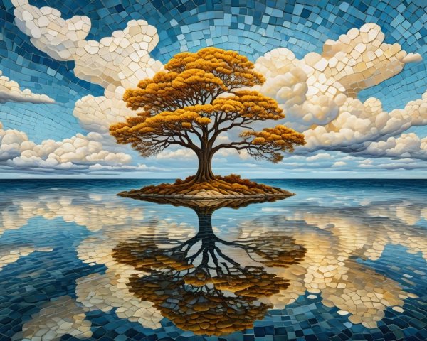 Mosaic of a Tree on an Island Surrounded by Water