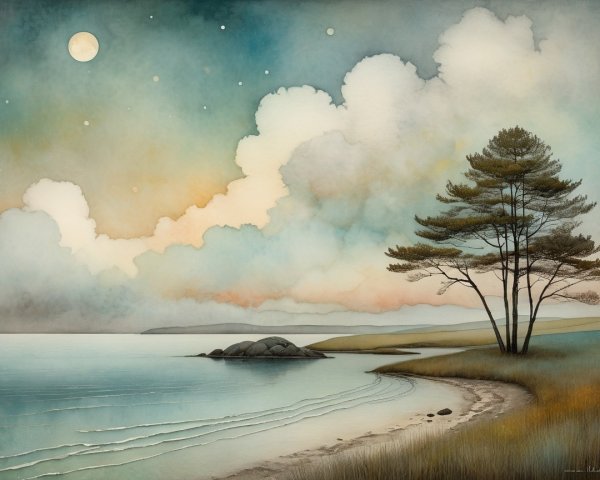 Watercolor Painting of a Coastal Landscape at Dusk