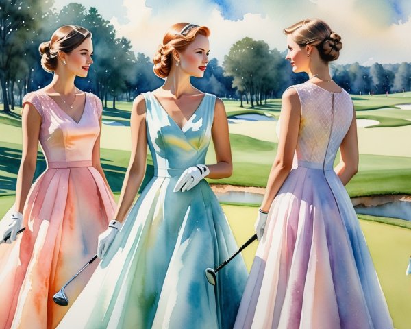Elegant Women in Colorful Gowns on Golf Course