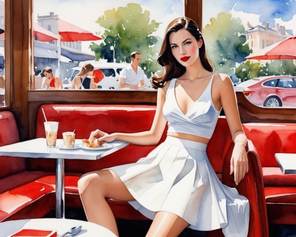 Stylish Woman in Café with Vibrant Atmosphere