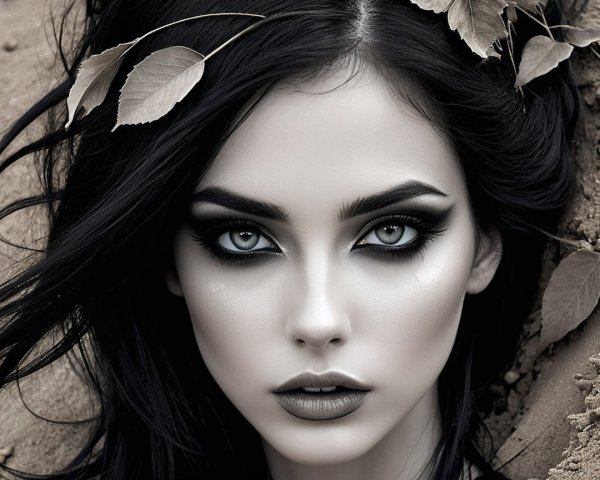 Close-up of a young woman with bold makeup and leaves