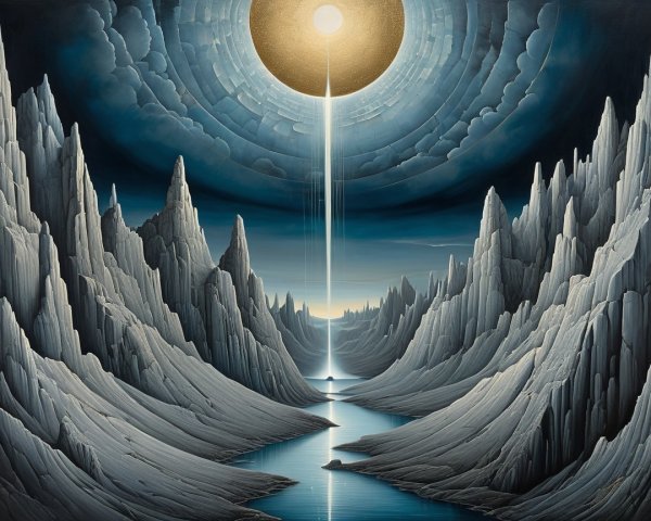 Surreal Landscape with Mountains and Illuminated River