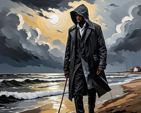 Lone Figure on Stormy Shoreline with Dramatic Sky