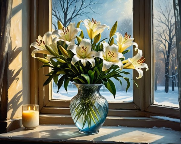 Vibrant White Lilies in Glass Vase by Winter Window