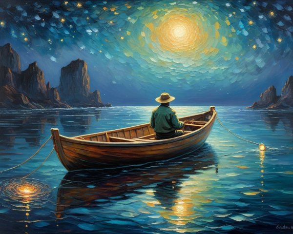 Solitary Figure in Boat Under Starlit Sky
