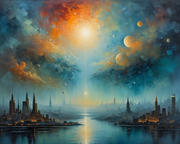 Cosmic Fantasy Cityscape with Glowing River and Sky