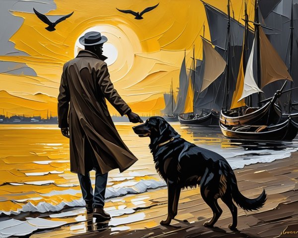 Silhouette of a man and dog at sunset by the shore