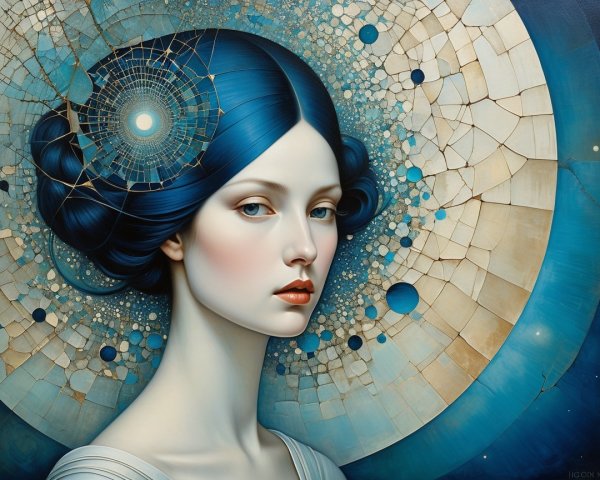 Serene woman with blue hair in geometric backdrop