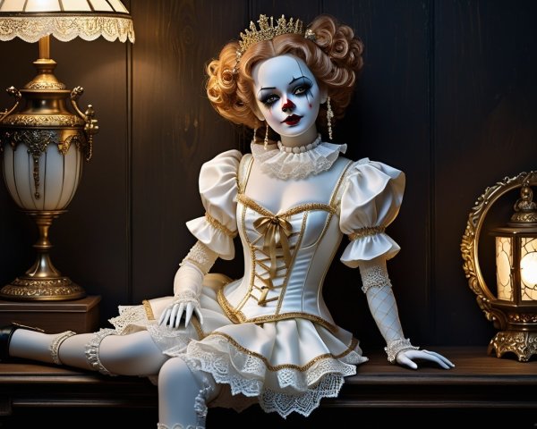 Porcelain Doll in Elegant White Gown on Shelf