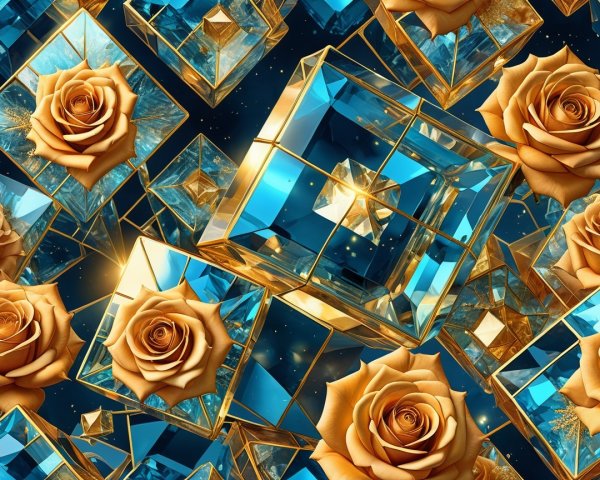 Golden Roses with Blue Crystals in Elegant Arrangement
