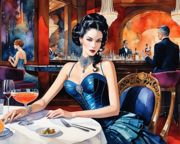 Elegant Woman in Blue Gown at Lavish Restaurant Table