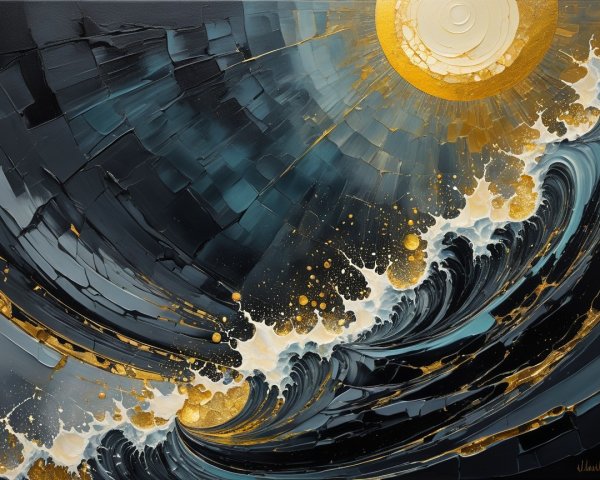 Abstract Painting of Ocean Waves with Golden Accents