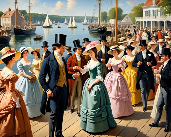 19th-Century Dock Scene with Elegant Attire and Sailboats